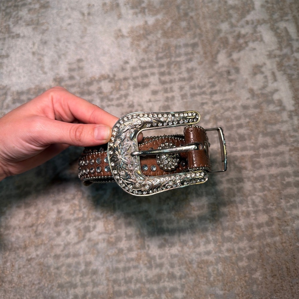 Y2K Nocona Rhinestone Pavé Conchos Croc-Emboosed Leather Western Belt